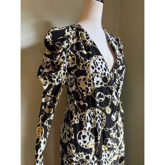TOP SHOP Black White Gold Chain Print Wrap Maxi Dress Puff Sleeve hearts stars 4 - Picture 1 of 5